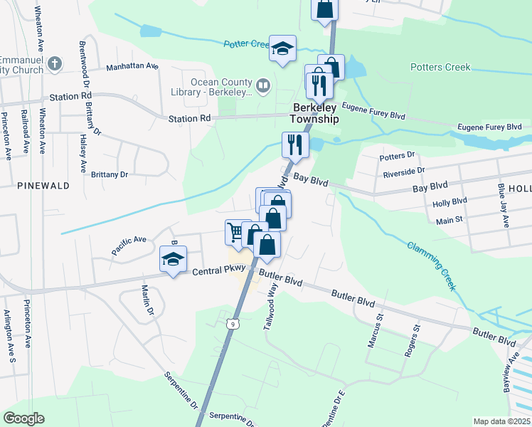 map of restaurants, bars, coffee shops, grocery stores, and more near 738 Atlantic City Boulevard in Berkeley Township