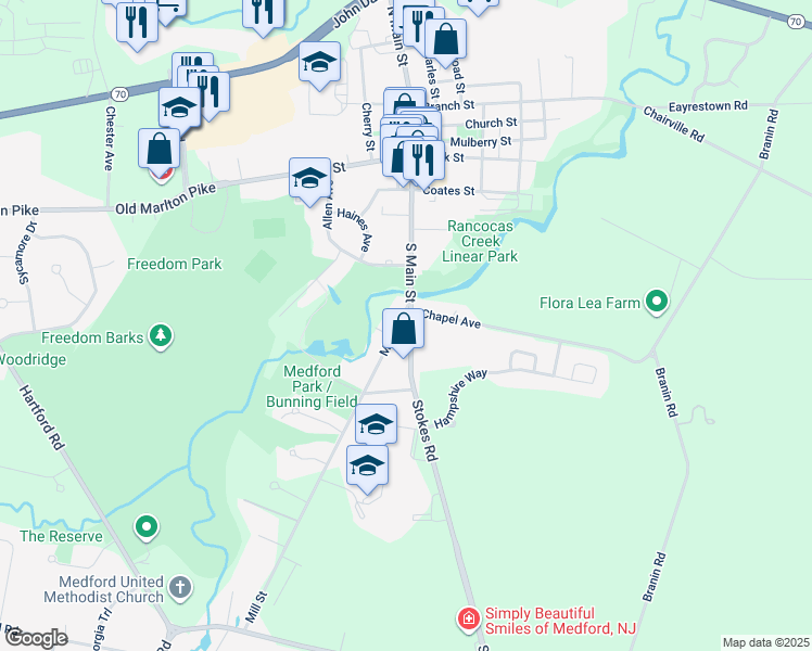 map of restaurants, bars, coffee shops, grocery stores, and more near 108-110 South Main Street in Medford