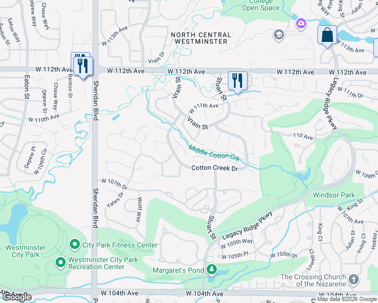 map of restaurants, bars, coffee shops, grocery stores, and more near 4470 West 109th Place in Westminster