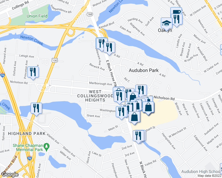 map of restaurants, bars, coffee shops, grocery stores, and more near 23 Nicholson Road in Mount Ephraim