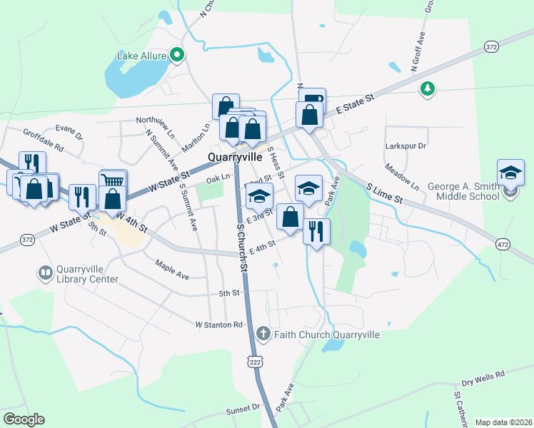 map of restaurants, bars, coffee shops, grocery stores, and more near 21 East 3rd Street in Quarryville