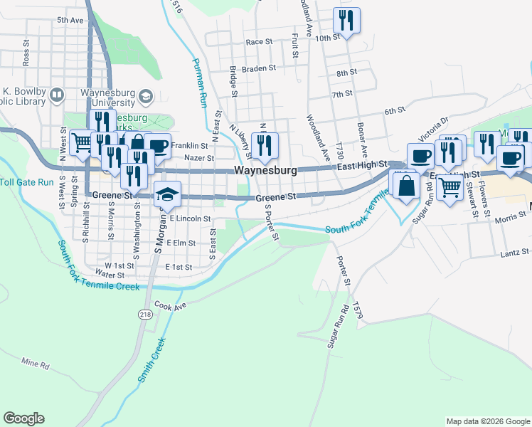 map of restaurants, bars, coffee shops, grocery stores, and more near 567 East Lincoln Street in Waynesburg