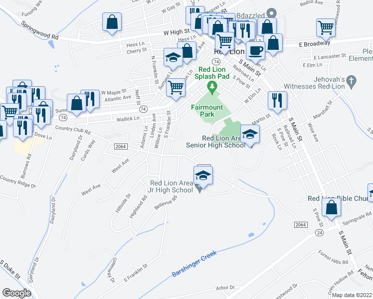 map of restaurants, bars, coffee shops, grocery stores, and more near 341 Country Club Road in Red Lion