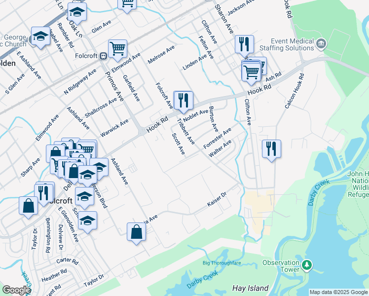map of restaurants, bars, coffee shops, grocery stores, and more near 1307 Scott Avenue in Sharon Hill