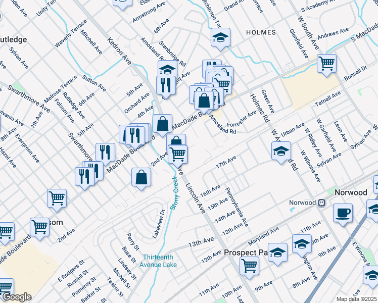map of restaurants, bars, coffee shops, grocery stores, and more near 1922 Oak Leaf Lane in Delaware County