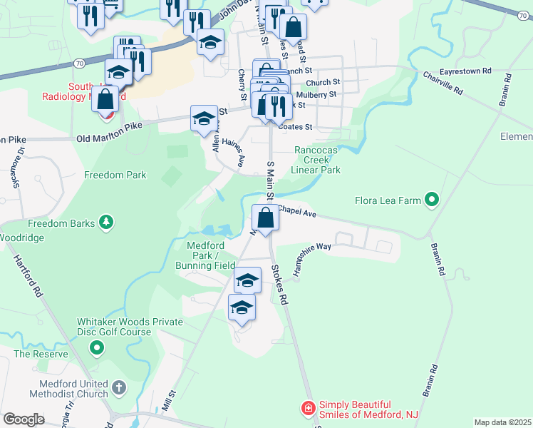 map of restaurants, bars, coffee shops, grocery stores, and more near 108-110 South Main Street in Medford