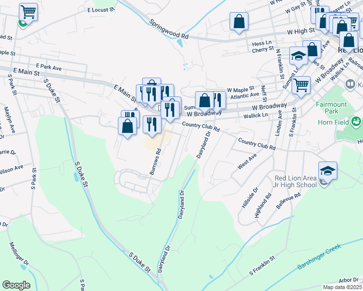 map of restaurants, bars, coffee shops, grocery stores, and more near 131 Country Ridge Drive in Red Lion