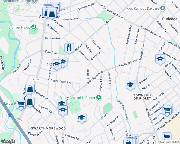 map of restaurants, bars, coffee shops, grocery stores, and more near 423 Drexel Place in Swarthmore