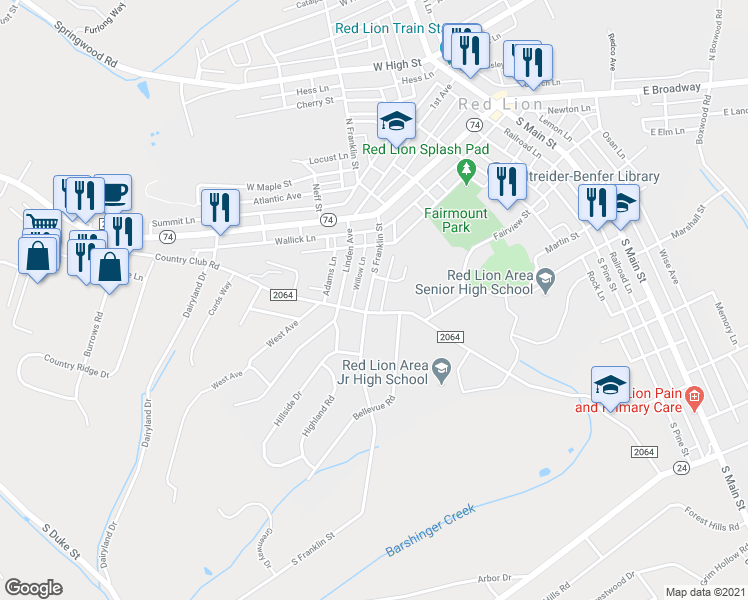 map of restaurants, bars, coffee shops, grocery stores, and more near 165 South Franklin Street in Red Lion