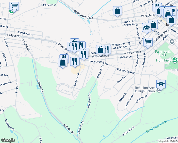 map of restaurants, bars, coffee shops, grocery stores, and more near 131 Country Ridge Drive in Red Lion