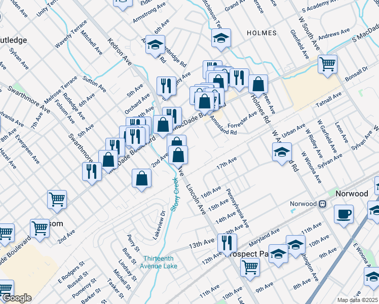 map of restaurants, bars, coffee shops, grocery stores, and more near 1922 Oak Leaf Lane in Delaware County