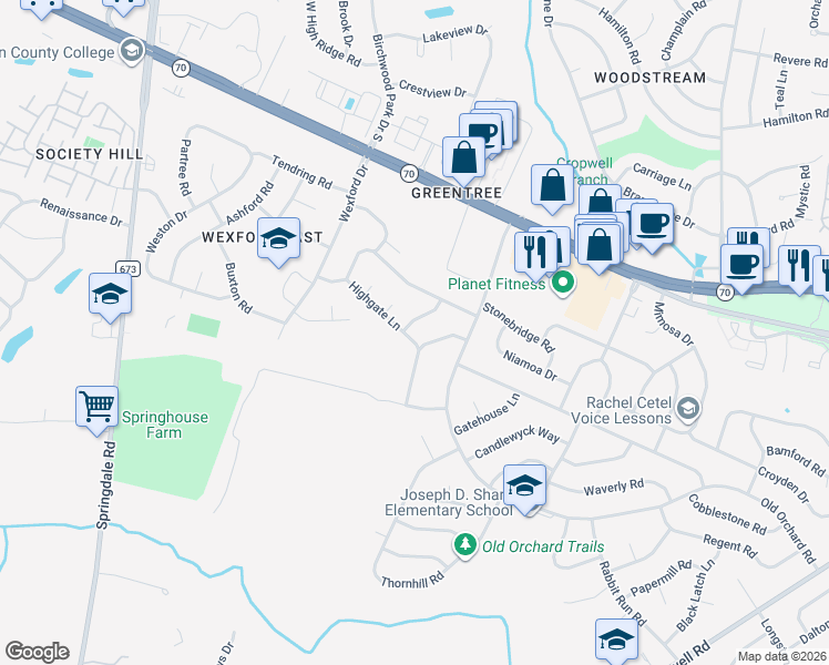 map of restaurants, bars, coffee shops, grocery stores, and more near 11 Cricket Lane in Cherry Hill