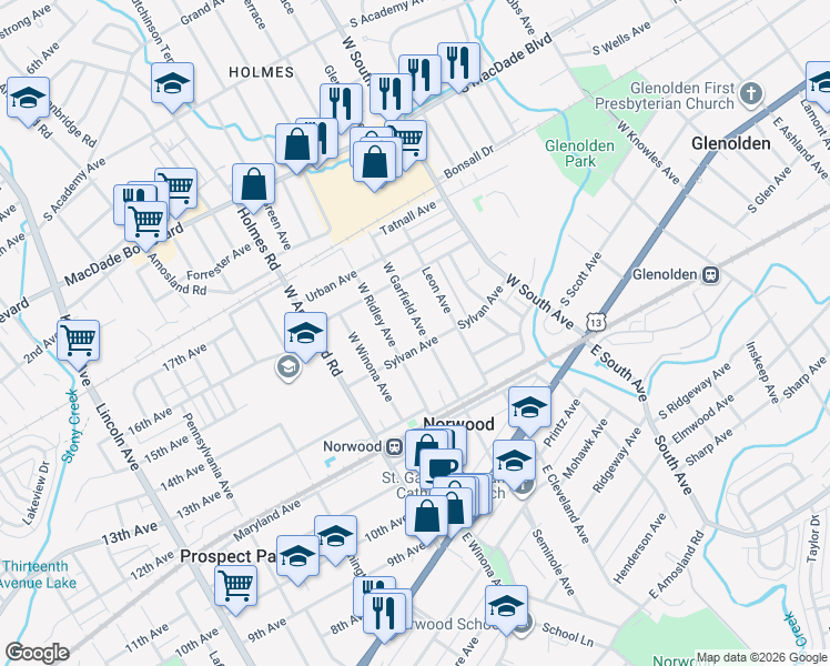 map of restaurants, bars, coffee shops, grocery stores, and more near 210 West Garfield Avenue in Norwood