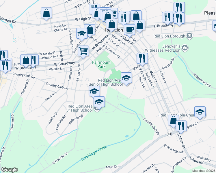 map of restaurants, bars, coffee shops, grocery stores, and more near 306-308 Horace Mann Avenue in Red Lion