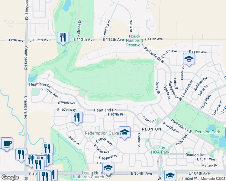 map of restaurants, bars, coffee shops, grocery stores, and more near 16321 Fairway Drive in Commerce City