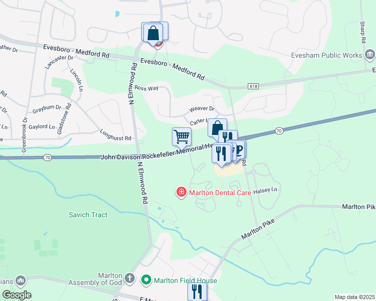 map of restaurants, bars, coffee shops, grocery stores, and more near 765 East Route 70 in Evesham
