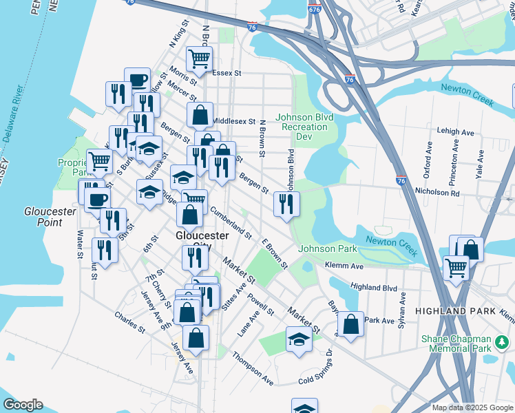 map of restaurants, bars, coffee shops, grocery stores, and more near 854 Monmouth Street in Gloucester City