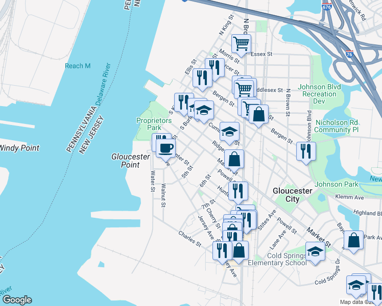 map of restaurants, bars, coffee shops, grocery stores, and more near 227 5th Street in Gloucester City