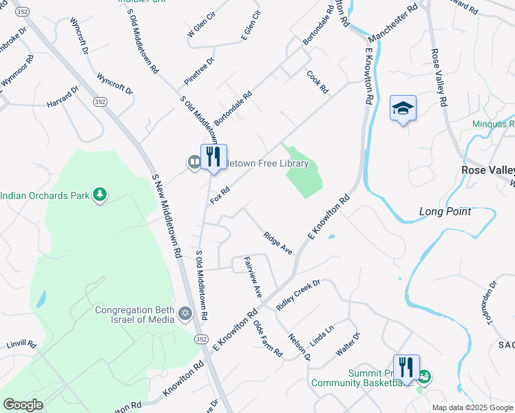 map of restaurants, bars, coffee shops, grocery stores, and more near 126 Spring Street in Media