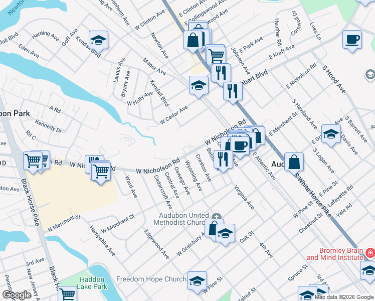 map of restaurants, bars, coffee shops, grocery stores, and more near 7 Wyoming Avenue in Audubon