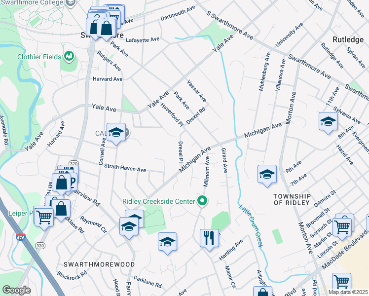 map of restaurants, bars, coffee shops, grocery stores, and more near 423 Drexel Place in Swarthmore