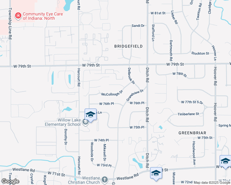 map of restaurants, bars, coffee shops, grocery stores, and more near 1618 McCollough Drive in Indianapolis