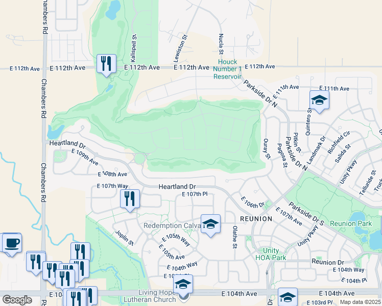 map of restaurants, bars, coffee shops, grocery stores, and more near 16321 Fairway Drive in Commerce City
