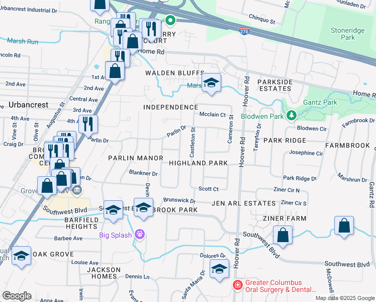 map of restaurants, bars, coffee shops, grocery stores, and more near 3415 Castleton Street in Grove City