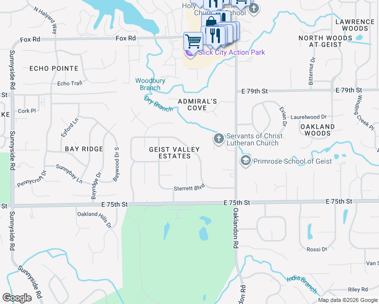 map of restaurants, bars, coffee shops, grocery stores, and more near 11609 Old Oakland Boulevard North Drive in Indianapolis