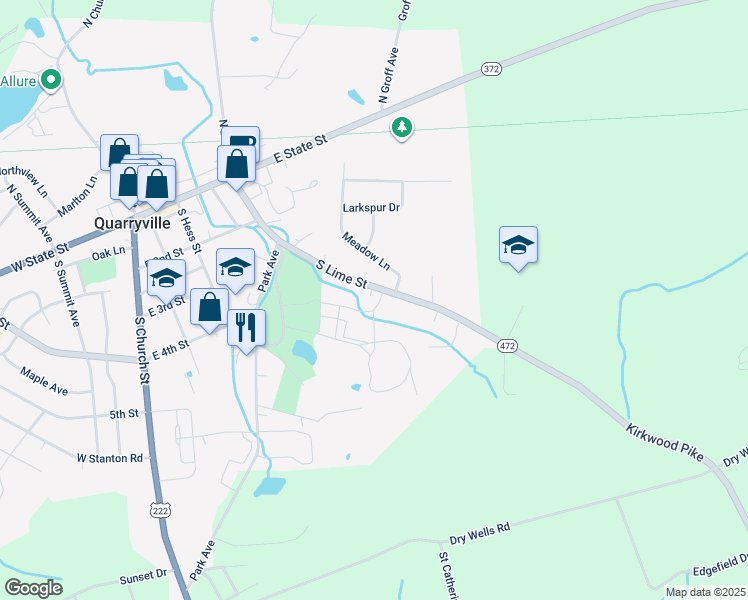 map of restaurants, bars, coffee shops, grocery stores, and more near 170 South Lime Street in Quarryville
