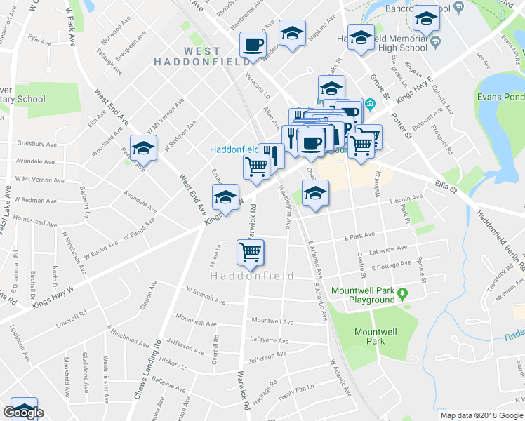 map of restaurants, bars, coffee shops, grocery stores, and more near 29 Warwick Road in Haddonfield