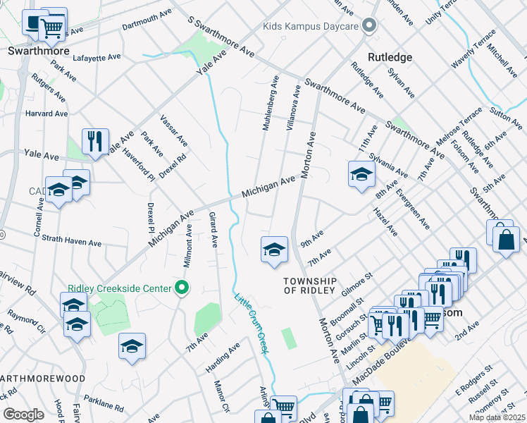 map of restaurants, bars, coffee shops, grocery stores, and more near 205 Rosemont Lane in Swarthmore