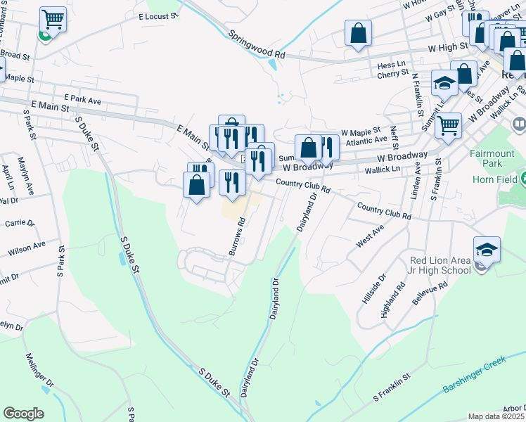 map of restaurants, bars, coffee shops, grocery stores, and more near 126 Country Ridge Drive in Red Lion
