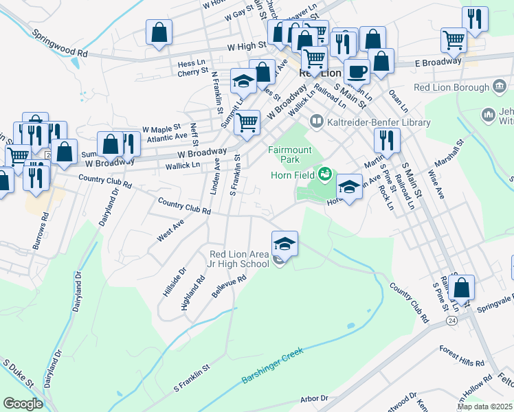 map of restaurants, bars, coffee shops, grocery stores, and more near 341 Country Club Road in Red Lion