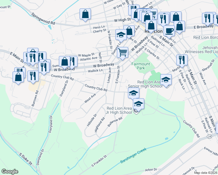 map of restaurants, bars, coffee shops, grocery stores, and more near 201 Linden Avenue in Red Lion