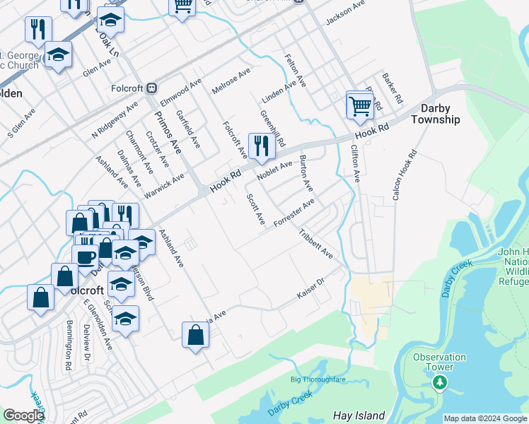 map of restaurants, bars, coffee shops, grocery stores, and more near 1307 Scott Avenue in Sharon Hill
