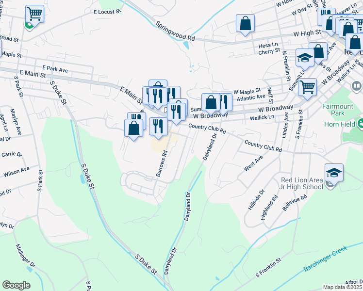 map of restaurants, bars, coffee shops, grocery stores, and more near 126 Country Ridge Drive in Red Lion