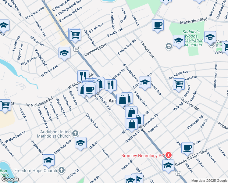 map of restaurants, bars, coffee shops, grocery stores, and more near 136 South White Horse Pike in Audubon