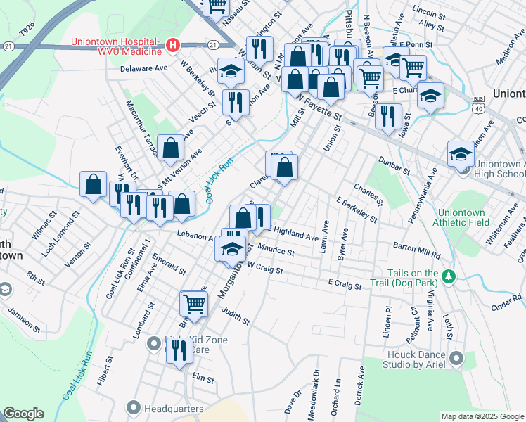 map of restaurants, bars, coffee shops, grocery stores, and more near 2 W Highland Ave in Uniontown