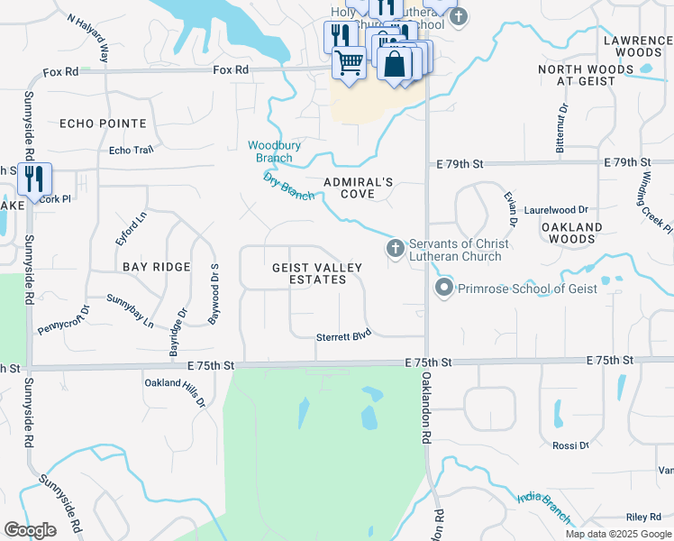 map of restaurants, bars, coffee shops, grocery stores, and more near 7647 Geist Valley Court in Indianapolis