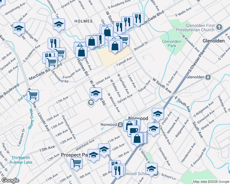 map of restaurants, bars, coffee shops, grocery stores, and more near 209 West Winona Avenue in Norwood