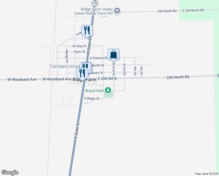 map of restaurants, bars, coffee shops, grocery stores, and more near 105 Pilot Street in Ridge Farm