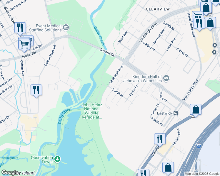 map of restaurants, bars, coffee shops, grocery stores, and more near 8500 Lindbergh Boulevard in Philadelphia