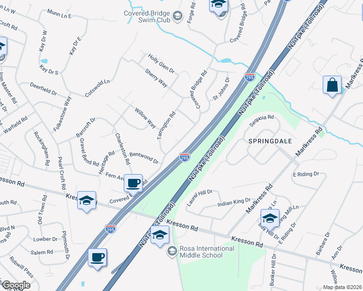 map of restaurants, bars, coffee shops, grocery stores, and more near 533 Covered Bridge Road in Cherry Hill
