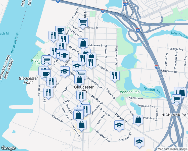 map of restaurants, bars, coffee shops, grocery stores, and more near 803 Cumberland Street in Gloucester City