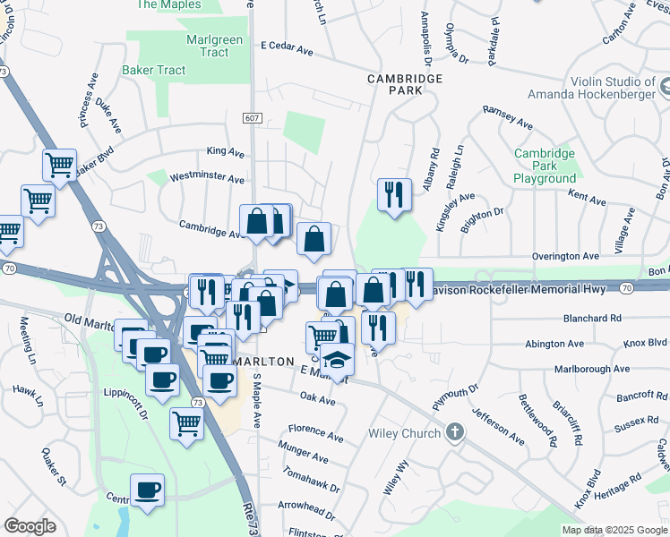map of restaurants, bars, coffee shops, grocery stores, and more near 31 Cooper Avenue in Evesham Township