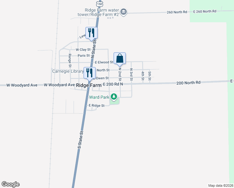 map of restaurants, bars, coffee shops, grocery stores, and more near 105-109 Pilot Street in Ridge Farm