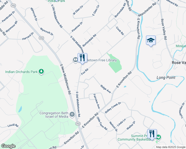 map of restaurants, bars, coffee shops, grocery stores, and more near 121 Spring Street in Media