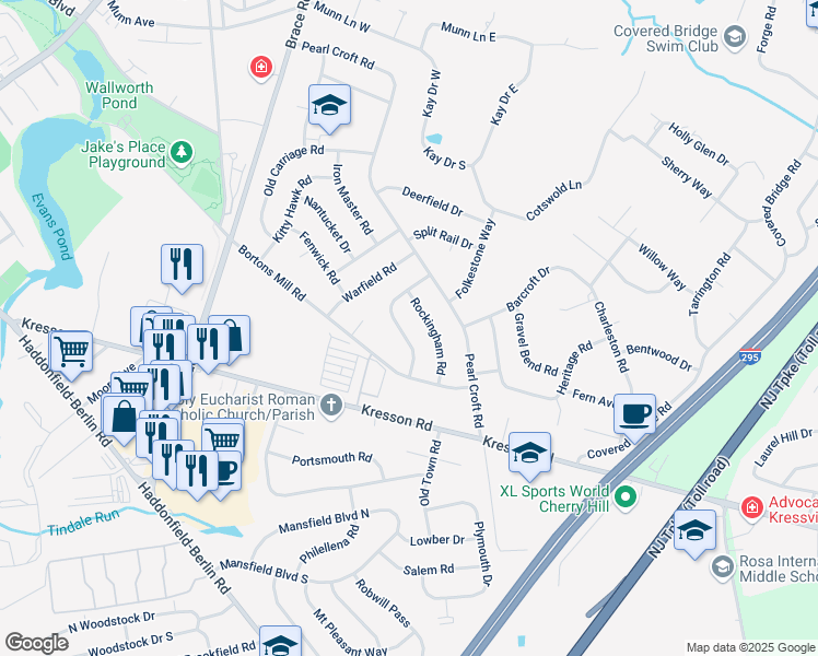 map of restaurants, bars, coffee shops, grocery stores, and more near 127 Farmington Road in Cherry Hill