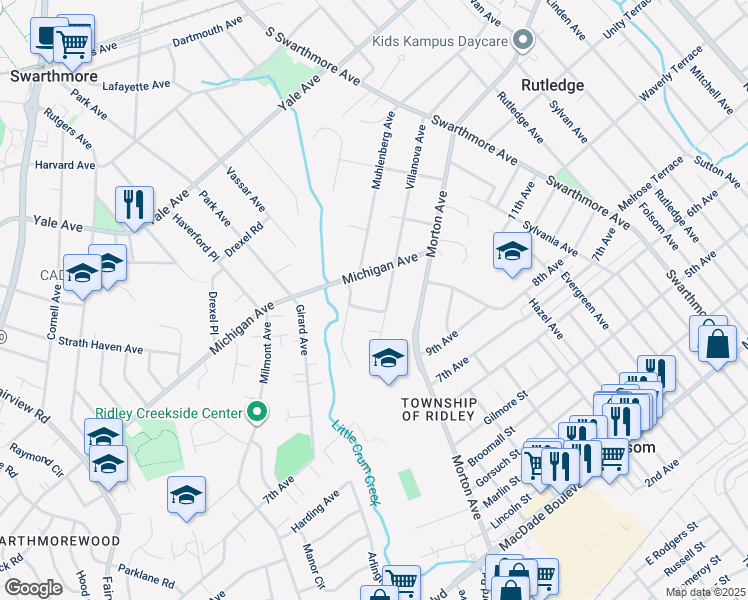 map of restaurants, bars, coffee shops, grocery stores, and more near 205 Rosemont Lane in Swarthmore